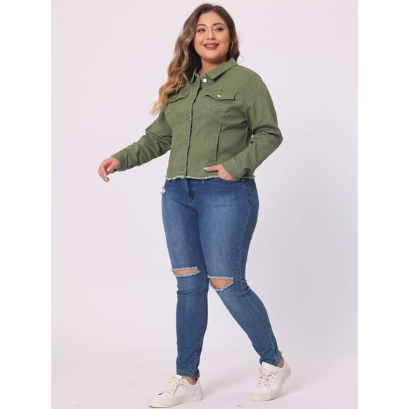 Plus Size Classic Washed Front Frayed Denim Jacket Green - Picture 3 of 5